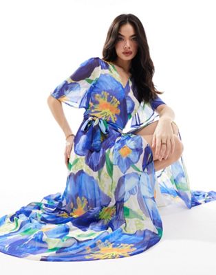 Hope & Ivy Ruffle Wrap Midi Dress In Blue & Yellow Floral