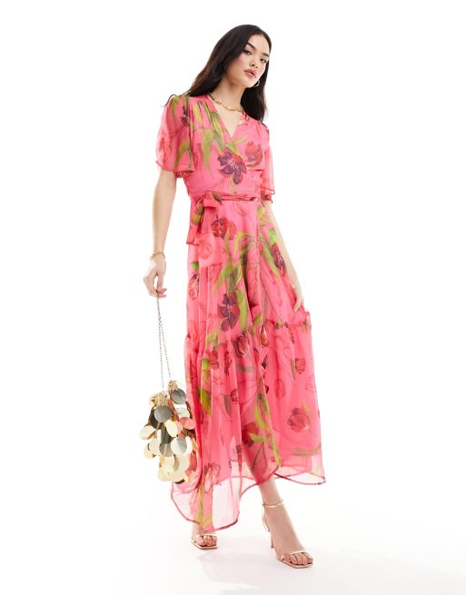 Hope & Ivy - Saint-Valentin - Robe portefeuille longue à volants et imprimé fleuri - Rose, 4 de 4
