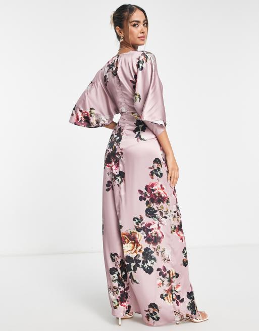 Hope & Ivy - Satijnen maxi jurk met kimonomouwen in mauve, 2 van 4