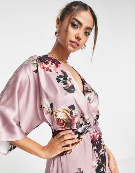 Hope & Ivy - Satijnen maxi jurk met kimonomouwen in mauve, 3 van 4