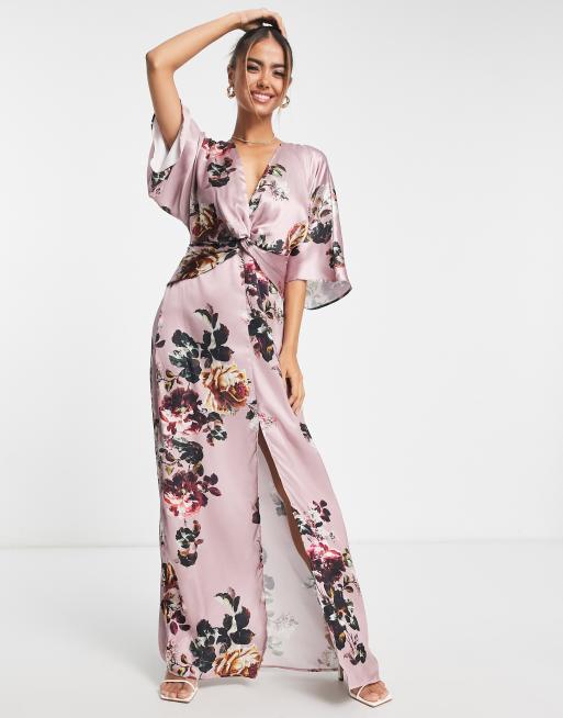 Hope & Ivy - Satijnen maxi jurk met kimonomouwen in mauve, 4 van 4