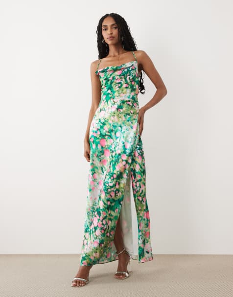 Hope & Ivy satin cami cowl neck open tie back maxi dress in green floral - view 1