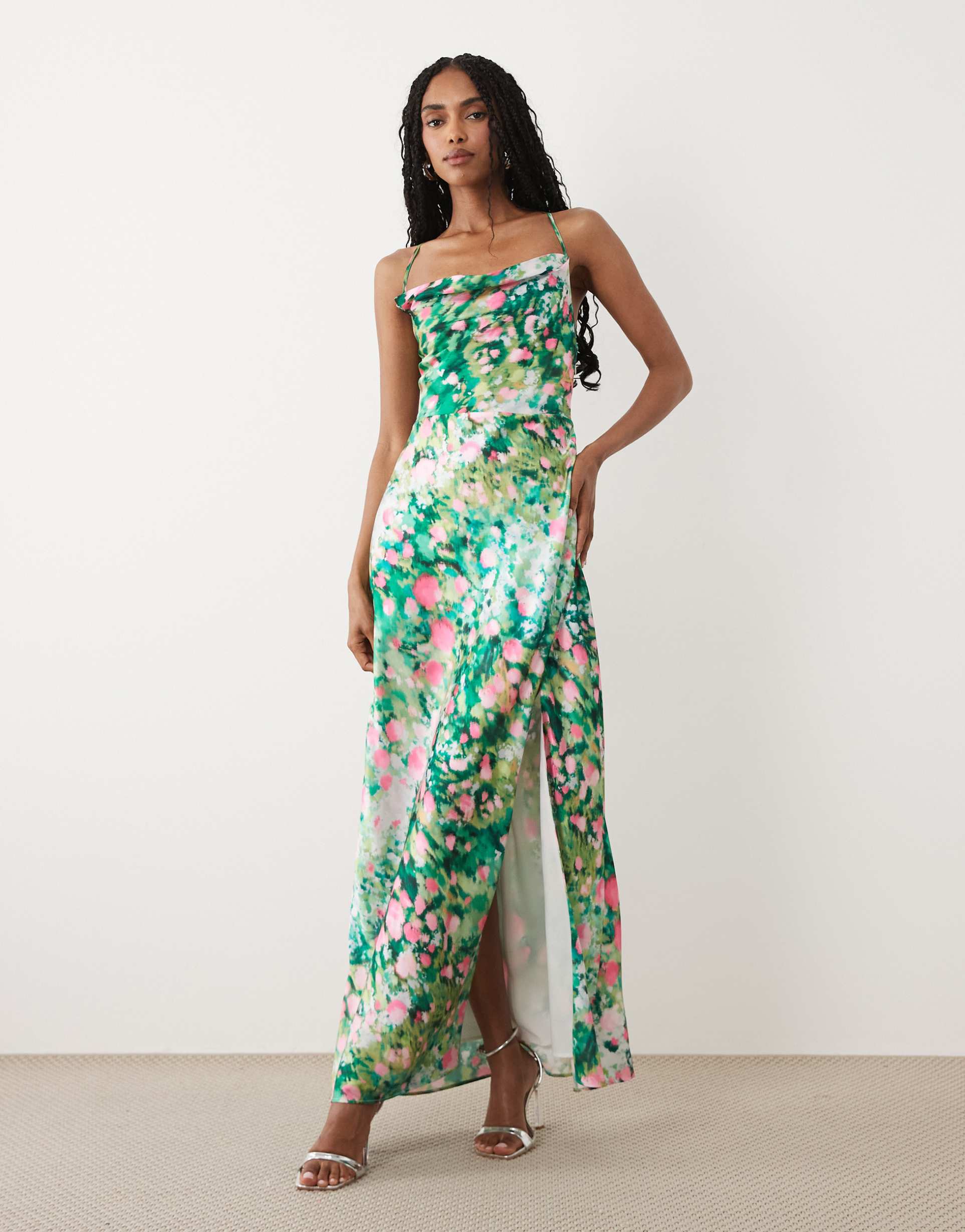 hope & ivy satin cami cowl neck open tie back maxi dress in green floral