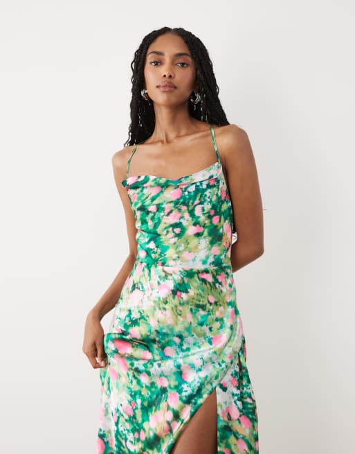 Hope & Ivy satin cami cowl neck open tie back maxi dress in green floral, 2 of 4