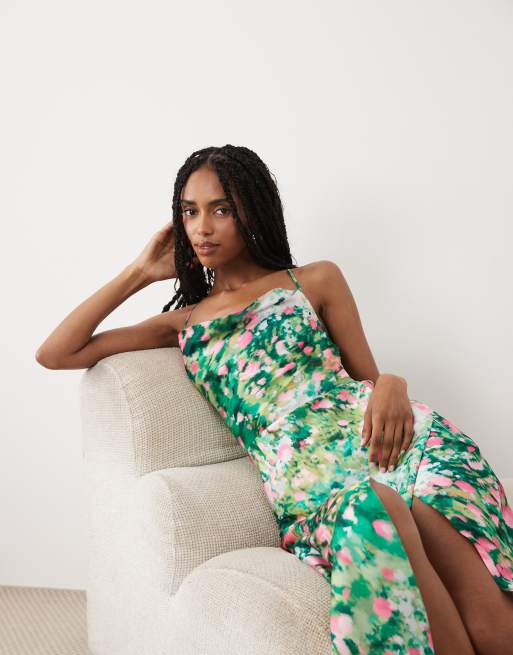 Hope & Ivy satin cami cowl neck open tie back maxi dress in green floral, 3 of 4