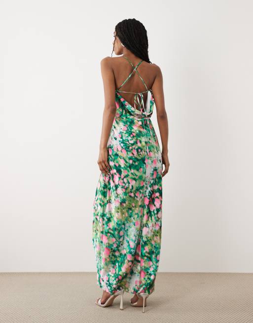cowl neck open back maxi dress Francoise | NAVY Cowl Neck Backless Maxi Dress With Lace Insert