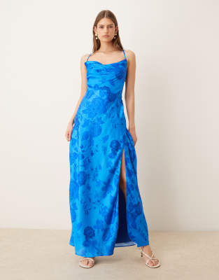Hope & Ivy Satin Cami Maxi Dress In Blue
