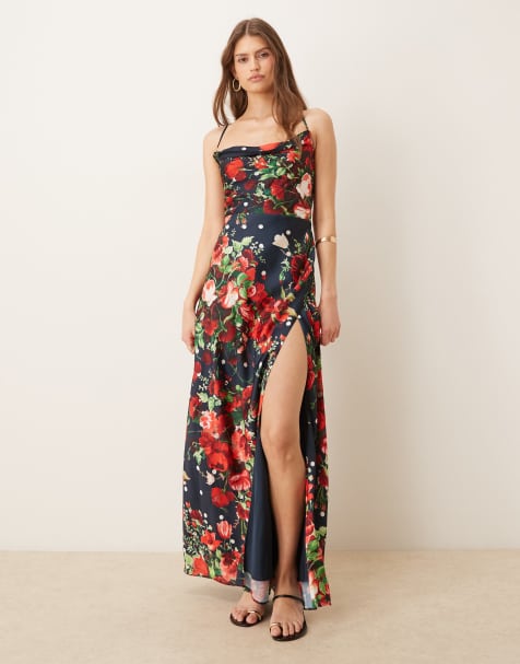Hope & Ivy satin cowl neck open tie back thigh split maxi dress in navy spot floral