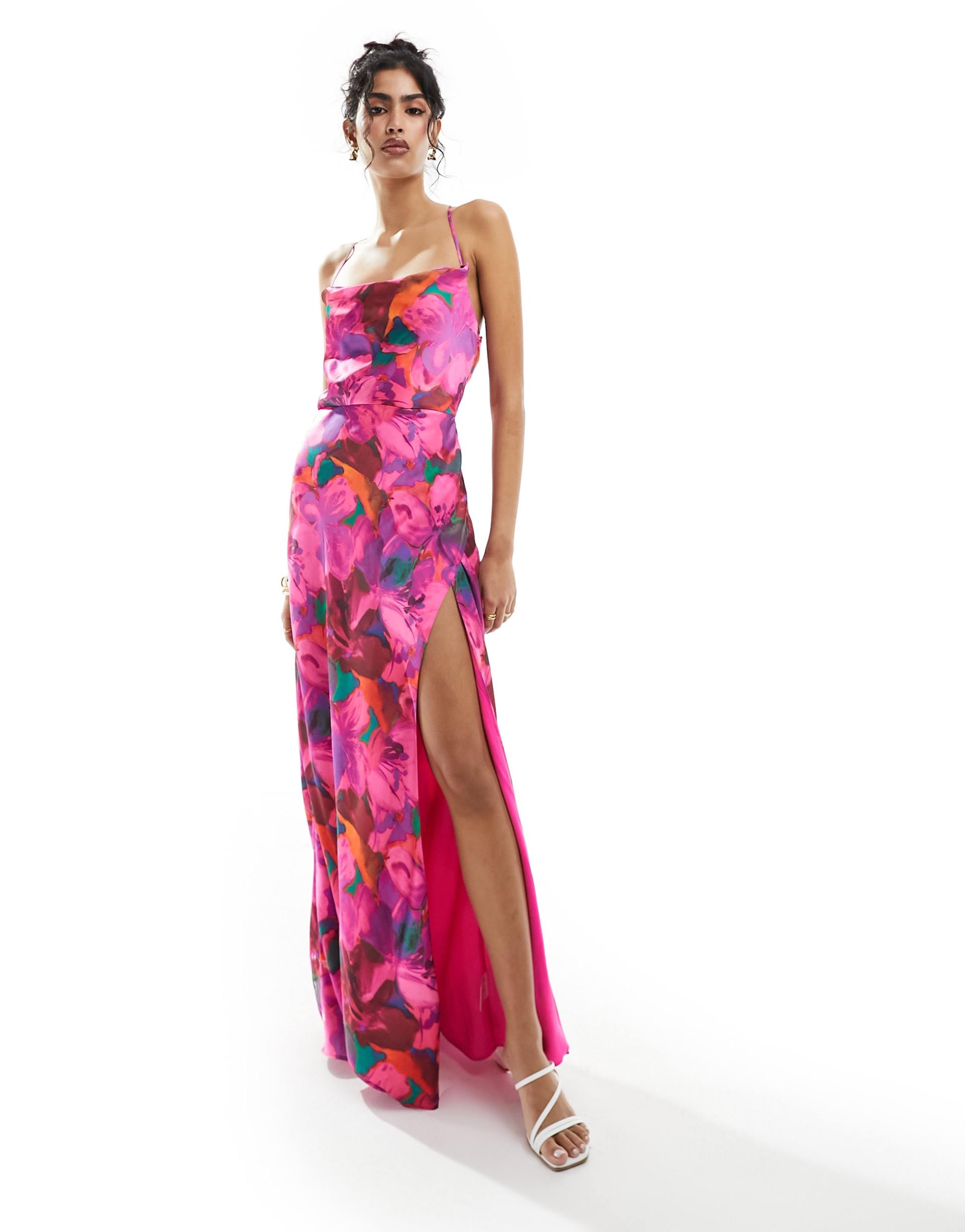 hope & ivy satin cami maxi dress with thigh slit in pink floral