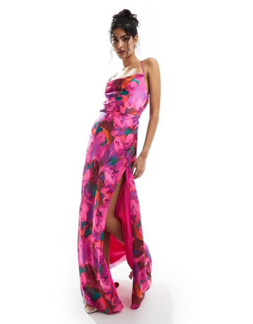 Hope & Ivy satin cami maxi dress with thigh slit in pink floral