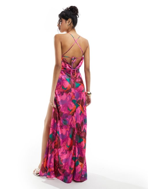 Hope & Ivy satin cami maxi dress with thigh slit in pink floral | ASOS