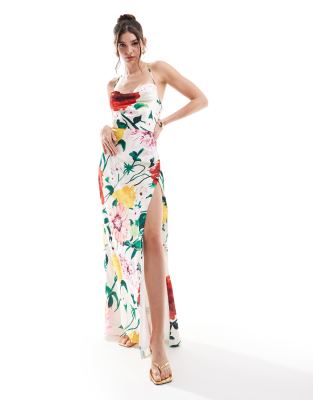 Hope & Ivy Satin Cami Maxi Dress With Thigh Spit In Light Base Floral-multi