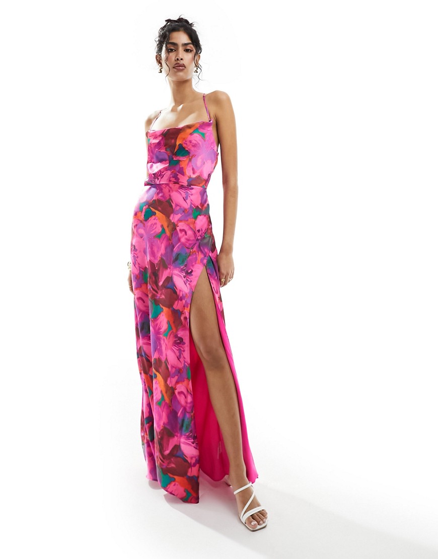 Hope & Ivy satin cami maxi dress with thigh spit in pink floral