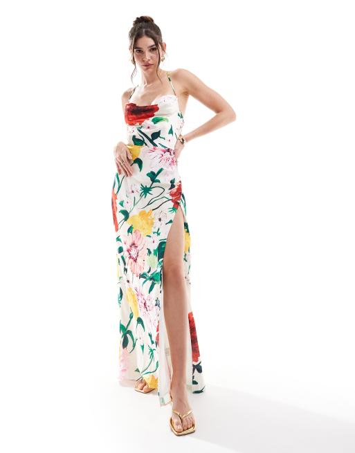Hope & Ivy satin cami maxi dress with thigh split in light base floral
