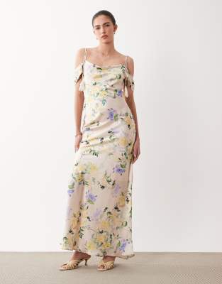 Hope & Ivy Satin Cold Shoulder Cami Maxi Dress In Multi