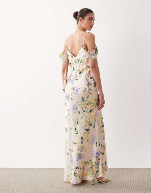 Hope & Ivy satin cold shoulder cami maxi dress in light pink floral, 3 of 4