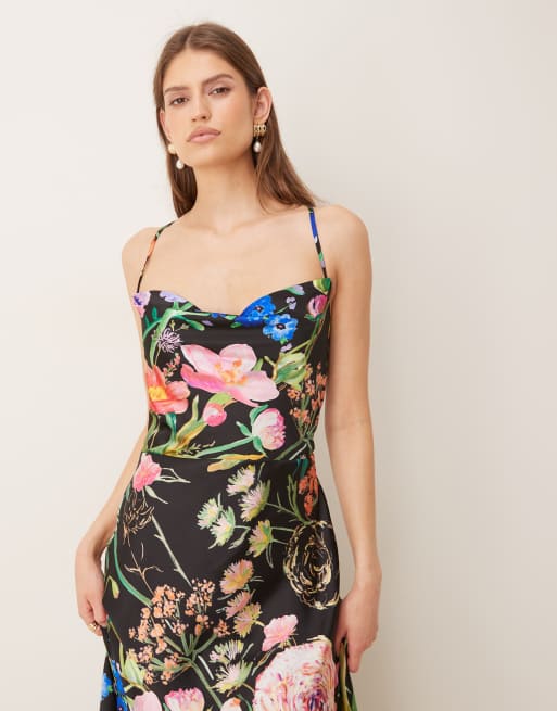 Hope & Ivy satin cowl neck open tie back thigh slit maxi dress in black  floral print | ASOS