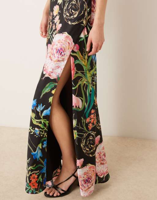 Hope & Ivy satin cowl neck open tie back thigh split maxi dress in black floral print, 3 of 4