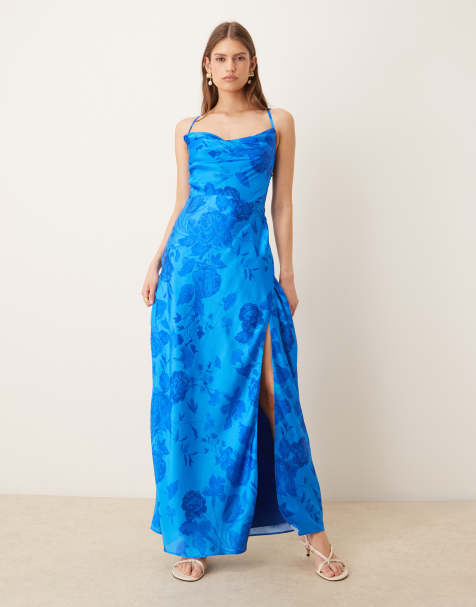 Hope & Ivy satin cowl neck open tie back thigh split maxi dress in blue floral - view 1