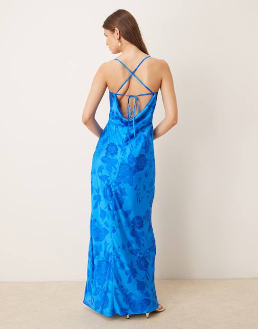 Hope & Ivy satin cowl neck open tie back thigh split maxi dress in blue floral, 2 of 4