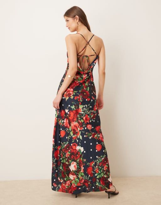 Hope & Ivy satin cowl neck open tie back thigh split maxi dress in navy spot floral, 3 of 4