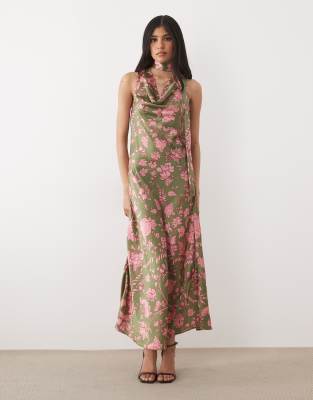 Hope & Ivy Satin Cowl Neck Scarf Maxi Dress In Green