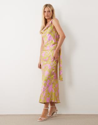 Hope & Ivy satin cowl neck scarf midi dress in green and pink floral