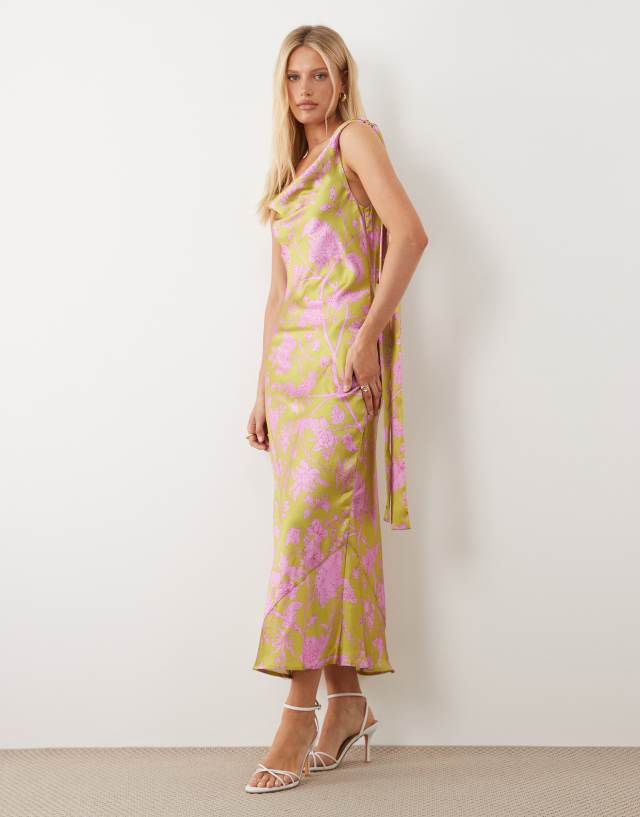 green and pink satin dress Hope & Ivy The Inas Sleeveless Cowl Neck Midi Dress, Green/Pink best green dress in India