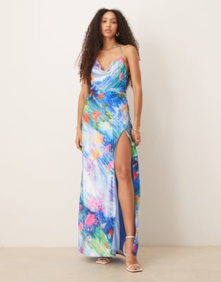Hope & Ivy Satin Cross Back Cami Maxi Dress In Blue