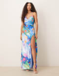 [Hope & Ivy] Hope & Ivy satin cross back cami maxi dress in blue floral 8 Blue Multi