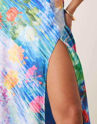 Hope & Ivy Satin Cross Back Cami Maxi Dress In Blue