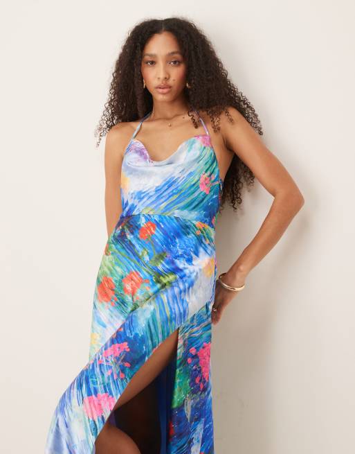 Hope & Ivy satin cross back cami maxi dress in blue floral, 4 of 4