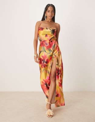 Hope & Ivy Satin Cross Back Cami Maxi Dress In Yellow