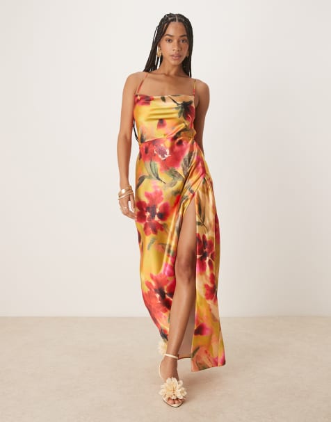 Hope & Ivy satin cross back cami maxi dress in yellow floral - view 1
