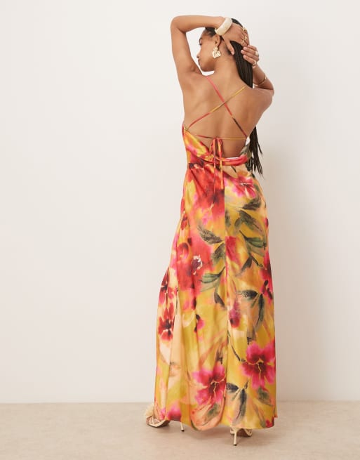 Hope & Ivy satin cross back cami maxi dress in yellow floral, 2 of 4