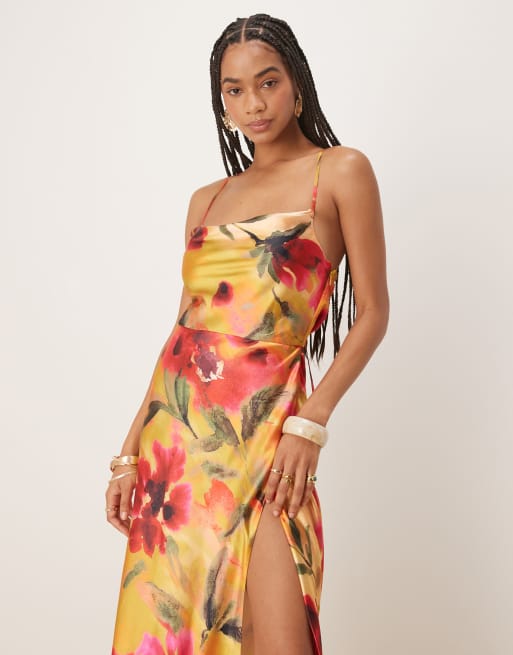 Hope & Ivy satin cross back cami maxi dress in yellow floral, 3 of 4