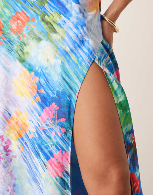 Hope & Ivy satin cross back cami maxi dress with in blue floral, 2 of 4