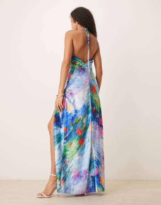 Hope & Ivy satin cross back cami maxi dress with in blue floral, 3 of 4