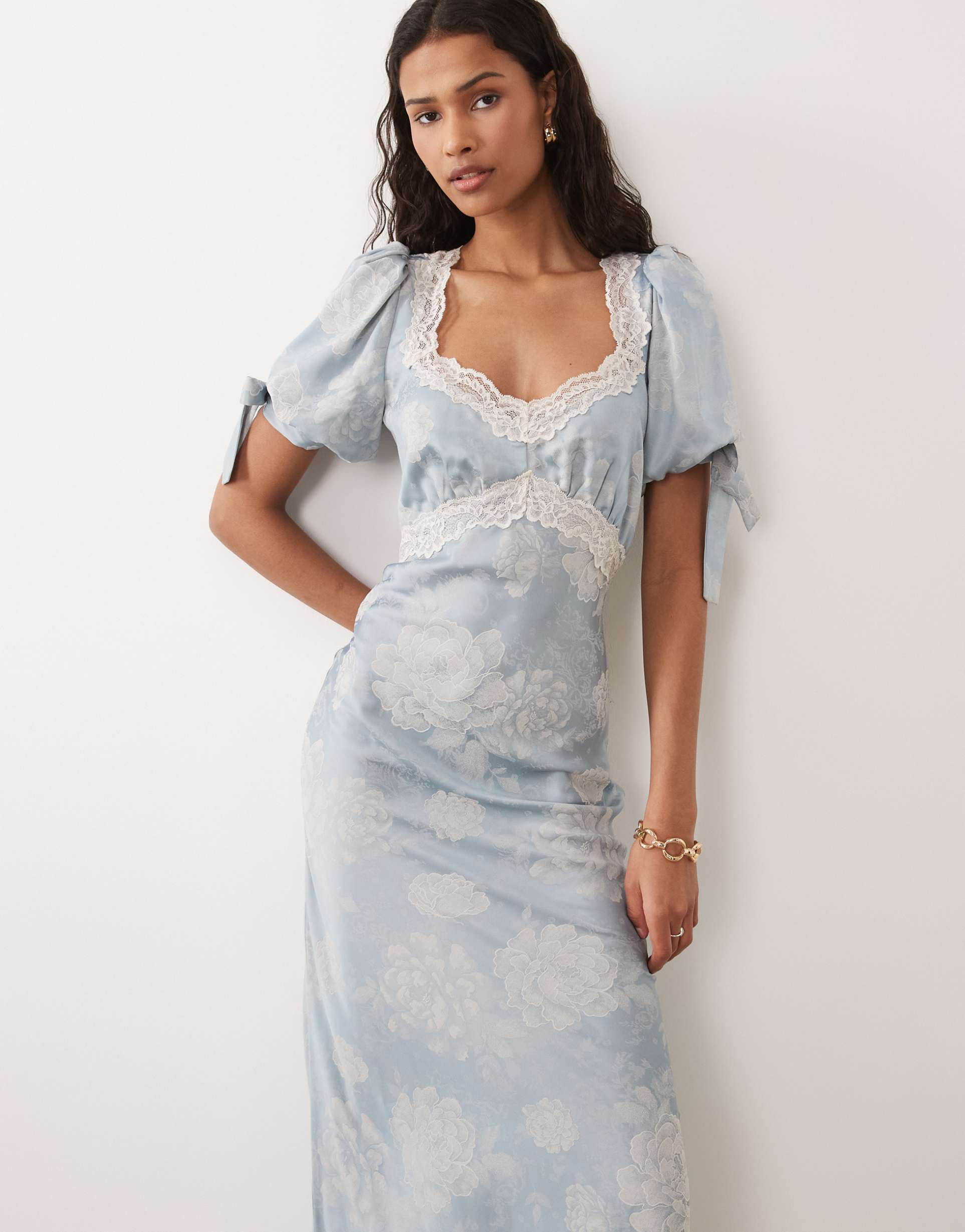 hope & ivy satin jacquard lace trim tie sleeve midi dress in pale blue