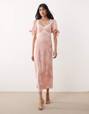 Hope & Ivy Satin Jacquard Lace Trim Tie Sleeve Midi Dress In Pink