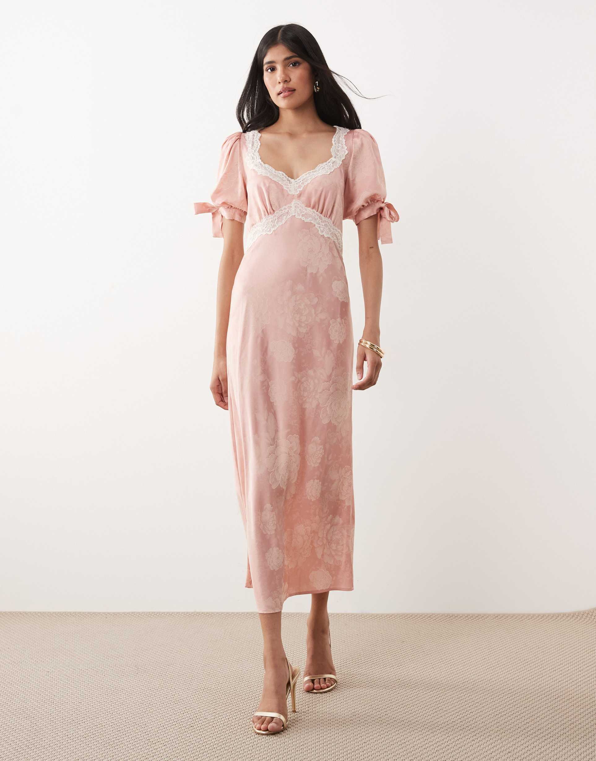 hope & ivy satin jacquard lace trim tie sleeve midi dress in pink