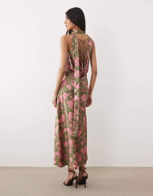 Hope & Ivy Satin-Maxikleid mit Wasserfallausschnitt und Schal in Grün mit Blumenmuster, 4 von 4
