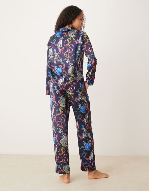 Hope & Ivy satin pyjama top and trousers set in blue zoo print, 4 of 4