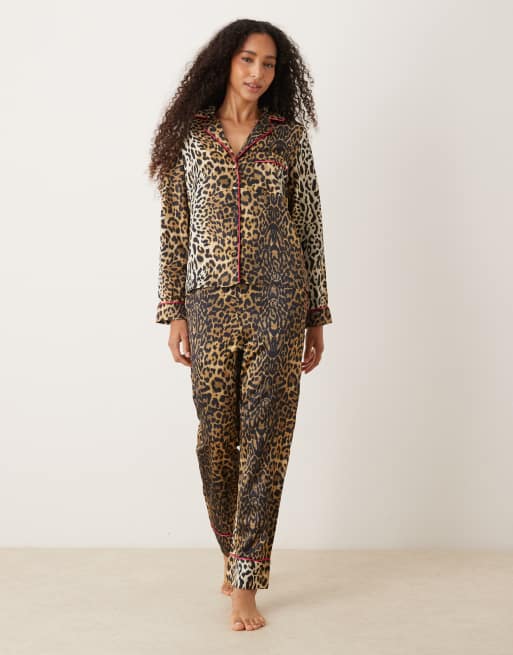 Hope & Ivy satin pyjama top and trousers set in brown leopard print