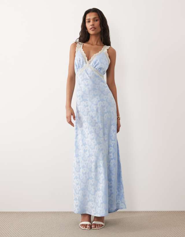 blue lace v neck dress Hope & Ivy satin v-neck trim maxi in floral Size:6XLarge colour_royalblue This Is The Absolute