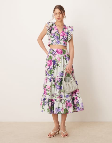 Hope & Ivy scallop trim tiered midaxi skirt co-ord in multi floral - view 1