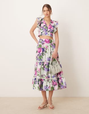 scallop trim tiered midaxi skirt in multi floral - part of a set-Purple