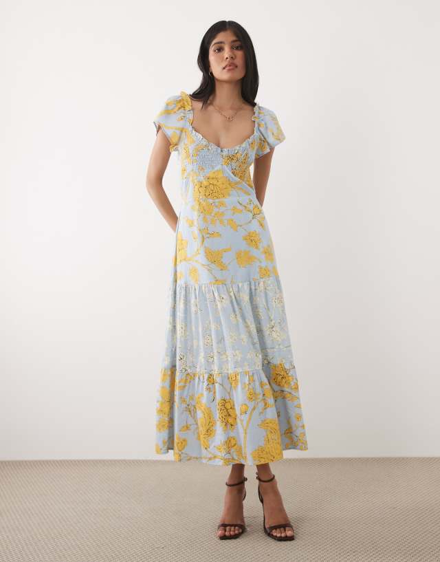 blue and yellow floral midi dress Hope & Ivy shirred bust tie back mix print in then wonder how you Sugar Kane Where can I find Size:3-4 Years (110cm)