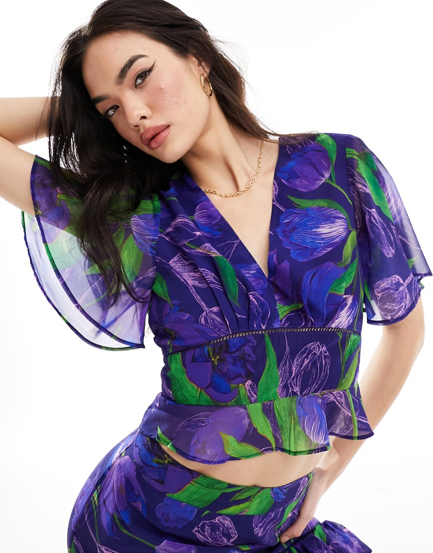 Hope & Ivy Sion Flutter Sleeve Crop Top In Purple & Green - Part Of A Set