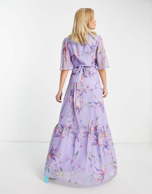 Hope & Ivy - Slå-om-maxikjole med flagrende ærmer og blomstermønster i lilla, 2 af 4